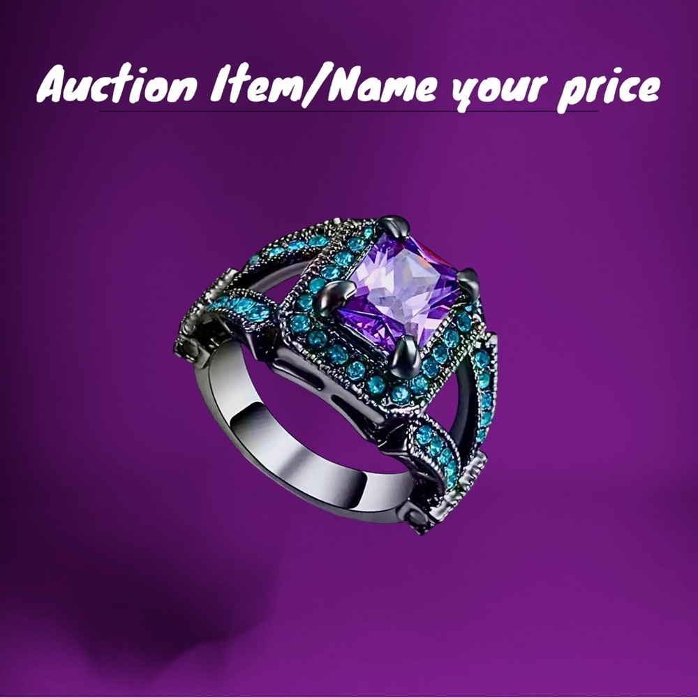 💝Oversized Purple Amethyst accented blue AAA Black Gold Rhodium Ring - Picture 2 of 4